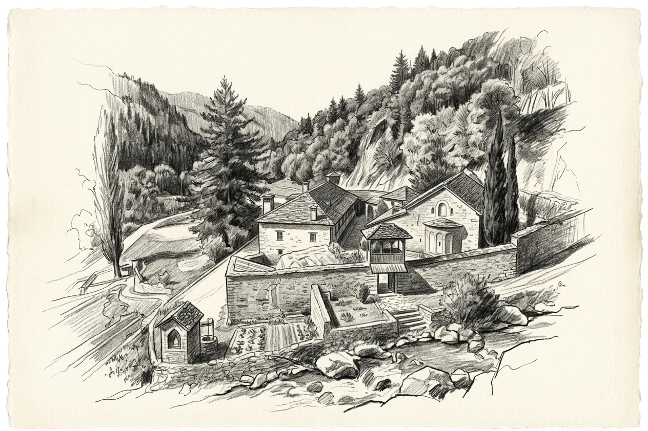 The Monastery of Agios Nikolaos, Metsovo, on a wooded slope above the Metsovitiko river