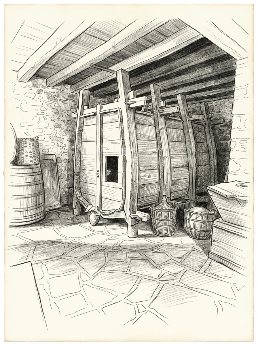 The handmade wooden barrel of 1782, holding 12,000 okades, in the monastery's cellar