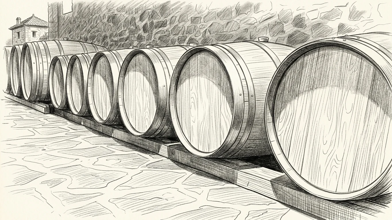 French oak barrels in the ageing cellar of the Monastery of Agios Nikolaos